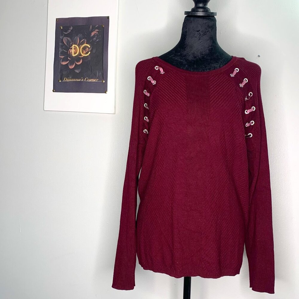 I-N-C Women's Laced Shoulder Knit Sweater -Color Burgundy - Size -XXL -Pre-owned